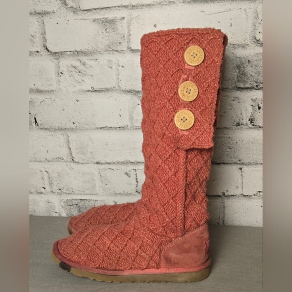 UGG Australia Classic Cardy Knit Button Boots Women’s 8 Coral Orange Tall Cozy - Picture 1 of 11